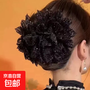黑色網(wǎng)紗花朵發(fā)夾高級新款后腦勺鯊魚(yú)馬尾夾子頭飾氣質(zhì)頭花發(fā)夾子 亮絲花朵抓夾(底夾11厘米)