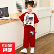 女童夏季套裝2025新款兒童薄款韓版洋氣時(shí)髦短袖哪吒女孩夏裝k469 敖丙短袖套裝-紅色 薄款 120 (110-120cm)