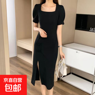修身顯瘦旗袍連衣裙法式復古黑色開(kāi)叉連衣裙8298 黑色 L 【110-120斤】