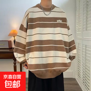 文藝潮新品秋冬新款條紋毛衣男生日系復古撞色拼接套頭圓領(lǐng)針織 咖色 L