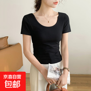 【都市麗人制造商】小高領(lǐng)純色短袖T恤女修身顯瘦內搭打底上衣 黑色【U領(lǐng)】高品質(zhì) M 【91-102斤】