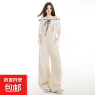 美式街牛仔背帶褲女夏季2025新款寬松復(fù)古腰直筒小個子闊腿褲 米白色 703 背帶褲 2XL