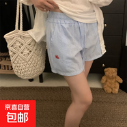 粉色條紋刺繡闊腿短褲女夏季2025新款小個(gè)子高腰寬松休閑運動(dòng)熱褲 藍色條紋 S