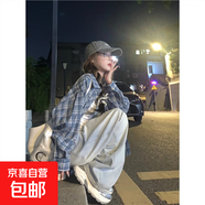 文藝復古磨毛藍色格子襯衫內搭女上衣秋冬疊穿襯衣春秋薄外套 351 藍色格子襯衫 M