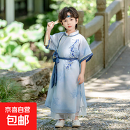 童裝漢服新款夏季竹溪新中式唐制小男孩古風(fēng)帥氣演出服短袖長衫潮 短袖長袍 150 cm
