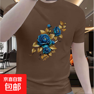 夏季新款短袖T恤潮流時(shí)尚帥氣男士潮牌半袖百搭圓領(lǐng)國潮印花上衣 001-藍花-咖色 3XL