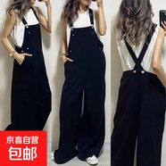 其他品牌減齡氣質(zhì)日系牛仔背帶褲女2024春秋新款洋氣顯瘦闊腿拖地吊帶褲子 黑色設計感日系背帶褲單件 M