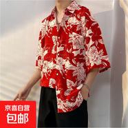 克萊因藍(lán)短袖襯衫男寬松半袖夏季ins潮設(shè)計(jì)感小眾痞帥襯衣12 3105紅色 2XL