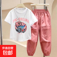 女童裝夏裝套裝時髦短袖休閑工裝褲子網(wǎng)紅炸街哈倫褲小女孩兩件套 TZ05【白色短袖+粉色褲子】 薄款 150