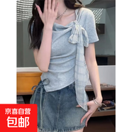 褶皺氣質(zhì)收腰短袖T恤女蝴蝶結(jié)小衫春季新款不規(guī)則上衣 灰色 M