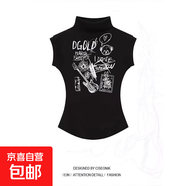 純欲風(fēng)辣妹設(shè)計(jì)感正肩棉質(zhì)半高領(lǐng)T恤女夏季新款收腰顯瘦短款上衣 1011黑色 M 【建議90-100斤】