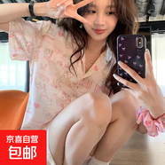 日系卡通睡衣女開衫短袖棉質(zhì)外穿宅家慵懶風(fēng)學(xué)生宿舍家居服兩件套 D.M-101淺粉兔子開衫雙短 M