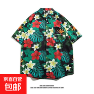 東南亞夏威夷短袖花襯衫五分袖男女同款情侶沙灘度假夏季碎花襯衣 5108黑色 XL