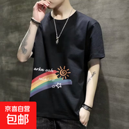 短袖t恤男2025夏季潮流寬松圓領(lǐng)半袖體恤學(xué)生打底衫上衣服SJ 河先生T785-黑色 薄款 XL