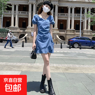減齡氣質(zhì)荷葉邊牛仔連衣裙女2025夏季薄款大碼收腰顯瘦短裙胖妹妹 藍色泡泡袖牛仔連衣短裙單件 5XL