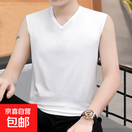 男士圓V領背心男修身韓版無袖坎肩休閑運動透氣背心  JS純色無袖 V領白色 2XL