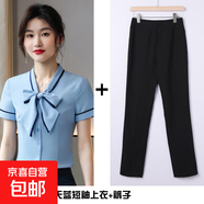灰色蝴蝶結短袖白襯衫職業(yè)套裝女酒店空姐餐飲服務(wù)員工作服夏季 藍色襯衫+黑色西褲（AS6972） S