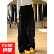 藏青色錦綸冰絲工裝褲女2025夏季新款寬松休閑速干刺繡直筒闊腿褲 黑色-小個子【錦綸冰涼面料】 M 【90-105斤】