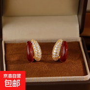 安可拉紅 925銀針小眾設計琺瑯滴油幾何耳環(huán)時(shí)尚輕奢超閃鋯石耳飾 16K金珠光酒紅【925銀針鍍針】