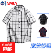NASALIKE格子襯衫男士潮牌復(fù)古帥氣寬松短袖襯衣美式休閑半袖 白色 -NASA-S111短襯 3XL
