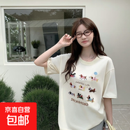 今年新款爆款純棉短袖t恤女趣味臘腸狗狗印花可愛(ài)甜美上衣 76-DPJ 杏色/9只臘腸狗colorful M 可穿110斤以內(nèi)