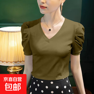 泡泡袖棉質(zhì)短袖T恤女士?jì)却钕募拘驴顨赓|(zhì)打底衫時(shí)尚休閑百搭上衣 K7-姜黃色 4XL 建議145-155斤