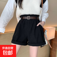 秋冬燈芯尼韓版高腰顯瘦減齡百搭洋氣闊腿短褲休閑褲女學(xué)生褲子 黑色【無(wú)腰帶】 2XL 【建議130-145】