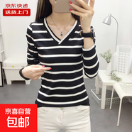 長(zhǎng)袖t恤大碼女裝打底衫寬松顯瘦條紋早春秋上衣v領(lǐng)中年KJY#8003# KJY#8003#黑條紋 2XL 【120-140斤】