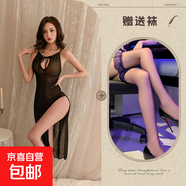 新款性感辣妹鏤空顯瘦中長(cháng)款連衣裙內袍睡衣高腰開(kāi)衩 黑色+黑絲襪  556 均碼