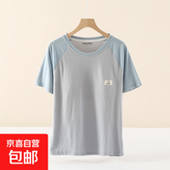 100%純棉睡衣上衣女帶胸墊睡衣夏季短袖薄大碼t恤休閑外穿家居服 藍色袖 2XL （135-155斤）