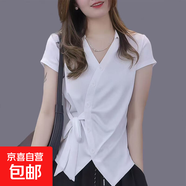 正品高檔夏季短袖襯衫女收腰顯瘦綁帶上衣中年女t恤設(shè)計感打底衫 白色2676 L 建議80-110斤