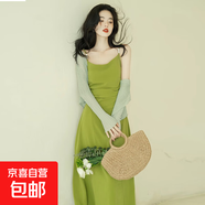 【兩件套】法式綠色連衣裙夏新高級感氣質(zhì)絕美超仙吊帶開(kāi)衫6904 綠色 L 【110-120斤】