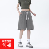 美式復(fù)古高腰寬松直筒闊腿七分褲夏季新款水洗復(fù)古牛仔褲 W06牛仔五分褲-深灰色   3XL