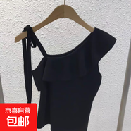 新款甜美木耳邊斜肩針織衫女純色顯瘦打底衫減齡上衣 黑色