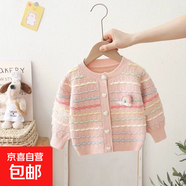 女小童針織開(kāi)衫2025春秋新款彩虹條紋毛衣外套幼兒洋氣韓版寶寶 粉紅色 100