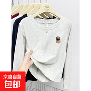 小眾卡通女孩長(cháng)袖t恤女春秋季寬松慵懶風(fēng)2025新款學(xué)院風(fēng)上衣潮 白灰色-左胸口袋小貓 M