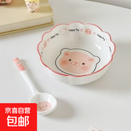 釉下彩可愛卡通碗碟套裝家用高顏值陶瓷碗筷盤餐具 沙拉碗一碗一勺