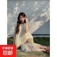 女裝套裝設(shè)計感不規(guī)則無袖夏新款褶皺上衣+花朵流蘇褶皺半身裙 黃色（上衣） M （110-130斤）