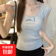 夏季新款蝴蝶結(jié)針織衫T恤女設(shè)計(jì)感修身小個(gè)子減齡u領(lǐng)短袖上衣 238灰色 均碼