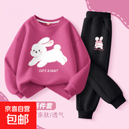【2件套】女童春秋套裝2025新款運(yùn)動服女大童秋裝衣服兒童衛(wèi)衣女 小白兔莓紅+兔美美K黑 130