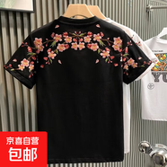 歐貨時(shí)尚輕奢男純棉刺繡T恤短袖青年梅花刺繡網(wǎng)紅小眾半袖YBFS 黑色 4XL