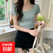 u穿搭甜辣夏季T恤女正鎖骨低圓領肩修身多巴胺上衣絕美領短袖ZHFS 綠色 L