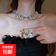 歐美鑲鉆方形項鏈耳環(huán)套裝小眾夸張設計鎖骨鏈時尚高級感飾品配飾 項鏈-銀色（兩件套）