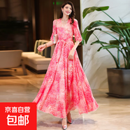 沙灘裙2025年夏秋新款女士大擺V領(lǐng)印花連衣裙收腰顯瘦長(cháng)裙雪紡裙 粉紅色 2XL 【建議115-125斤】