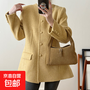 小蠻腰墊肩圓領單排多扣收腰設計小香風中長款雙面尼羊毛大衣秋冬 檸檬黃 M