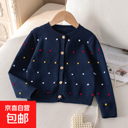 女小童秋季洋氣彩色圓點圓領(lǐng)開衫毛衣 女寶寶嬰兒棉線針織外套 藏青色 80