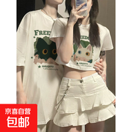 100%短袖T恤男生女士上衣夏裝情侶裝夏季小貓戀LHFS 白色短款女士款 S