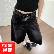 美式黑灰色牛仔七分褲女夏季復(fù)古中褲寬松顯瘦五分褲直筒褲子短褲 灰色 L