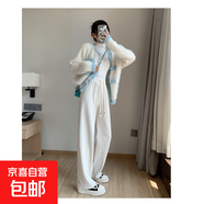 白色燈芯絨闊腿褲女秋冬2024新款高腰垂感直筒休閑窄版條紋女褲子 加絨款-白色 均碼(80~140斤)
