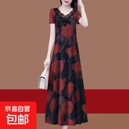 冰絲大碼中年媽媽時(shí)尚新款氣質(zhì)收腰夏季韓版洋氣短袖長(cháng)款連衣裙女 紅色 XL 【建議100-120斤】